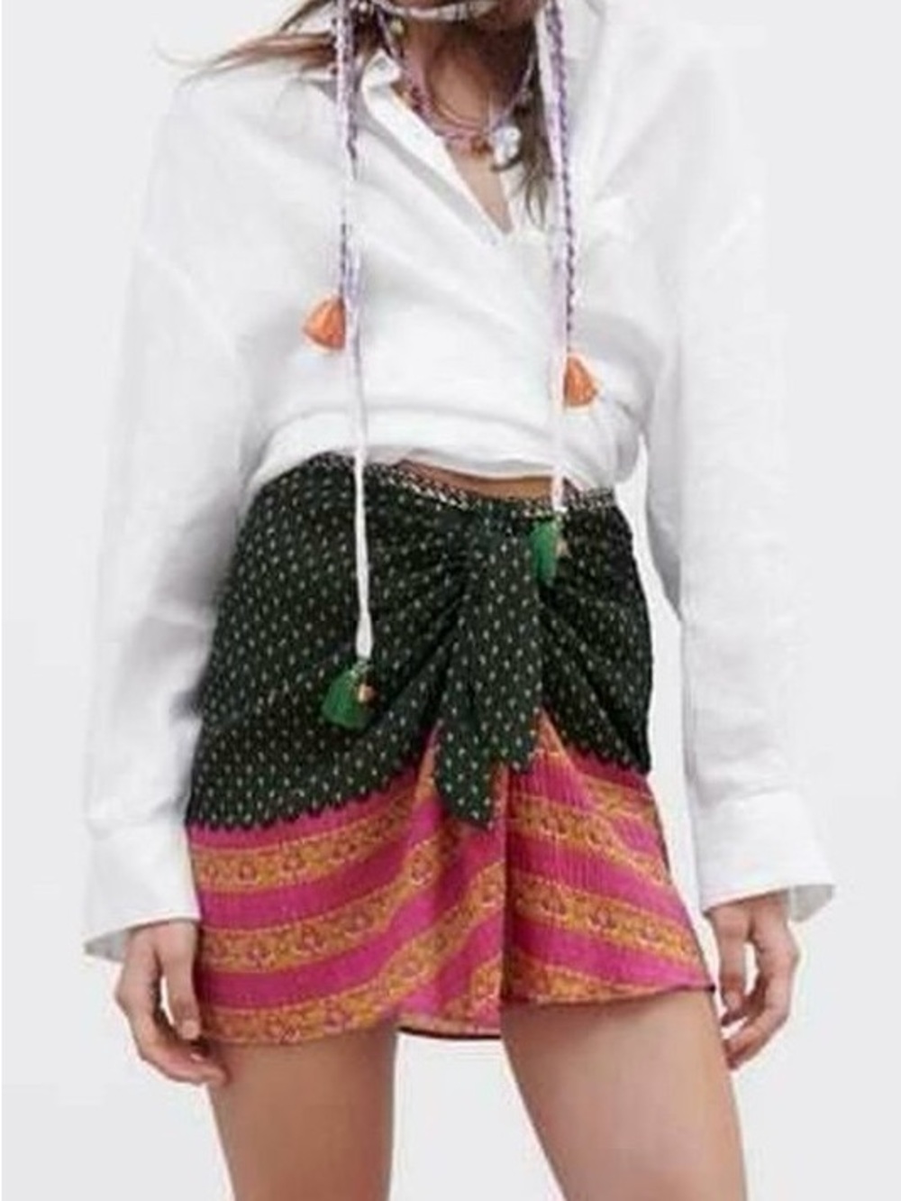Zara Boho Mini Skirt XS Green & Pink Patterned Tie-Front Skort